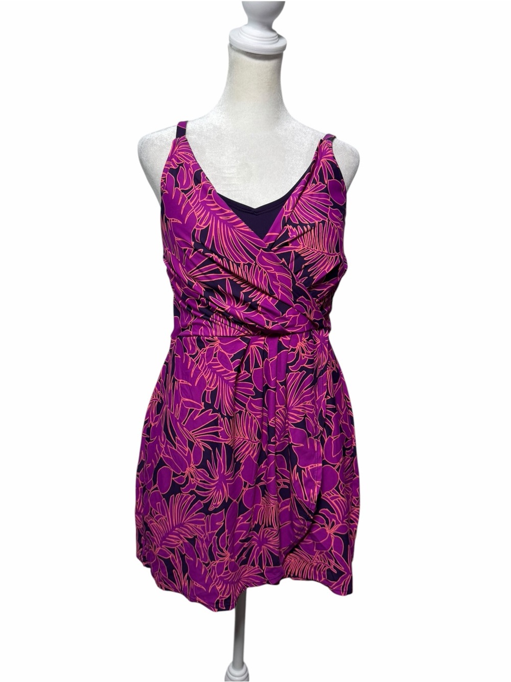 Lands’ End Tulip Wrap Swim Dress XL Purple Tropical Print One Piece
